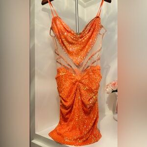 Banjul Orange Sequin Cocktail Mini Dress- size L (*Fit more like size M)